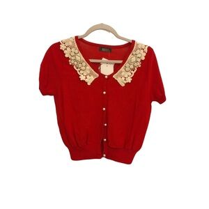 Wanko Womens red button up Cardigan Sweater Size S laced embellishment tapered .